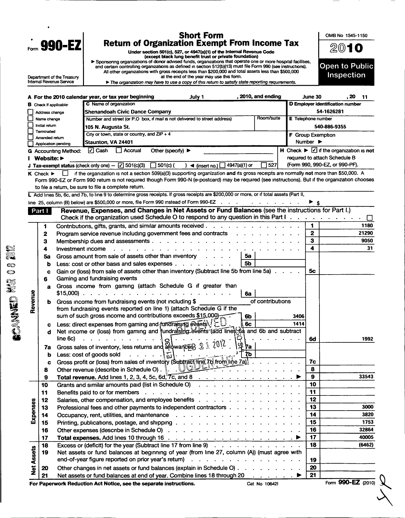 Image of first page of 2010 Form 990EZ for Shenandoah Civic Dance