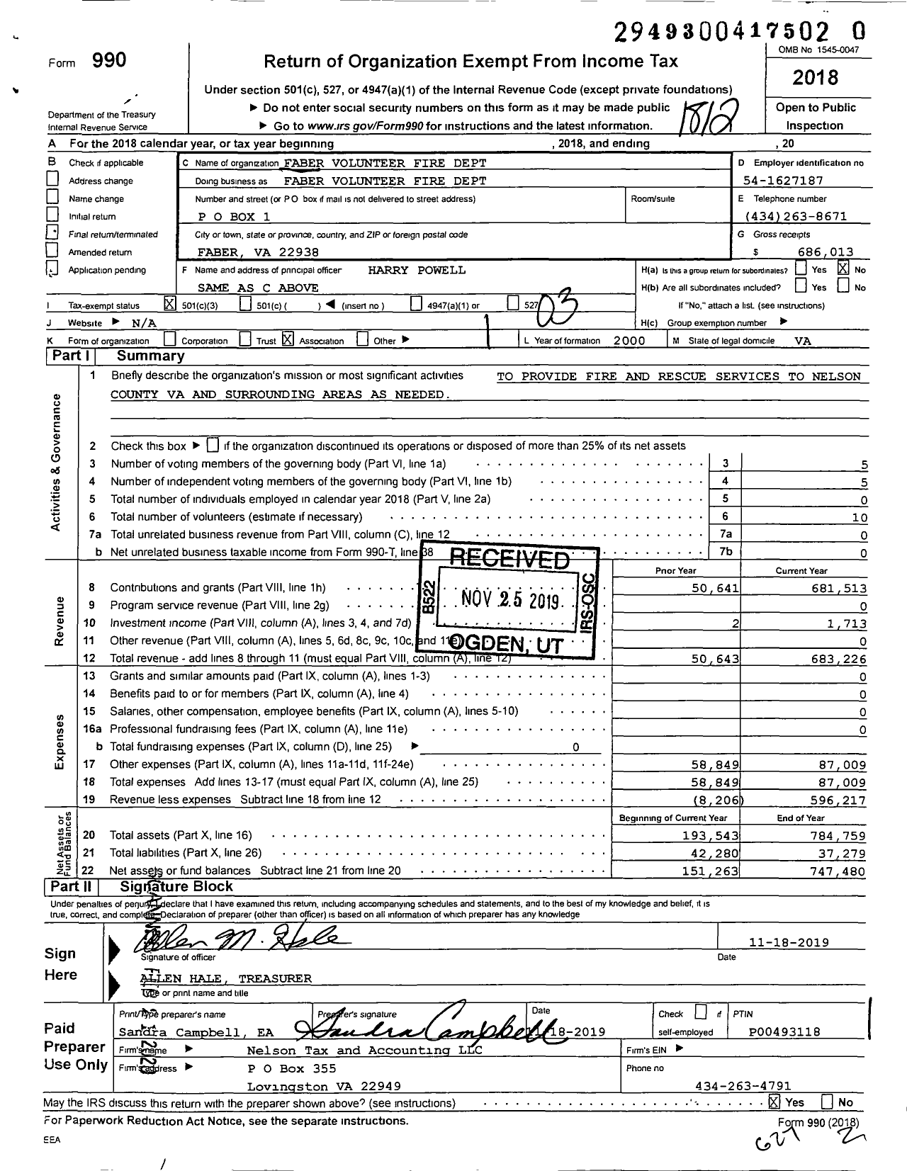 Image of first page of 2018 Form 990 for Faber Volunteer Fire Dept