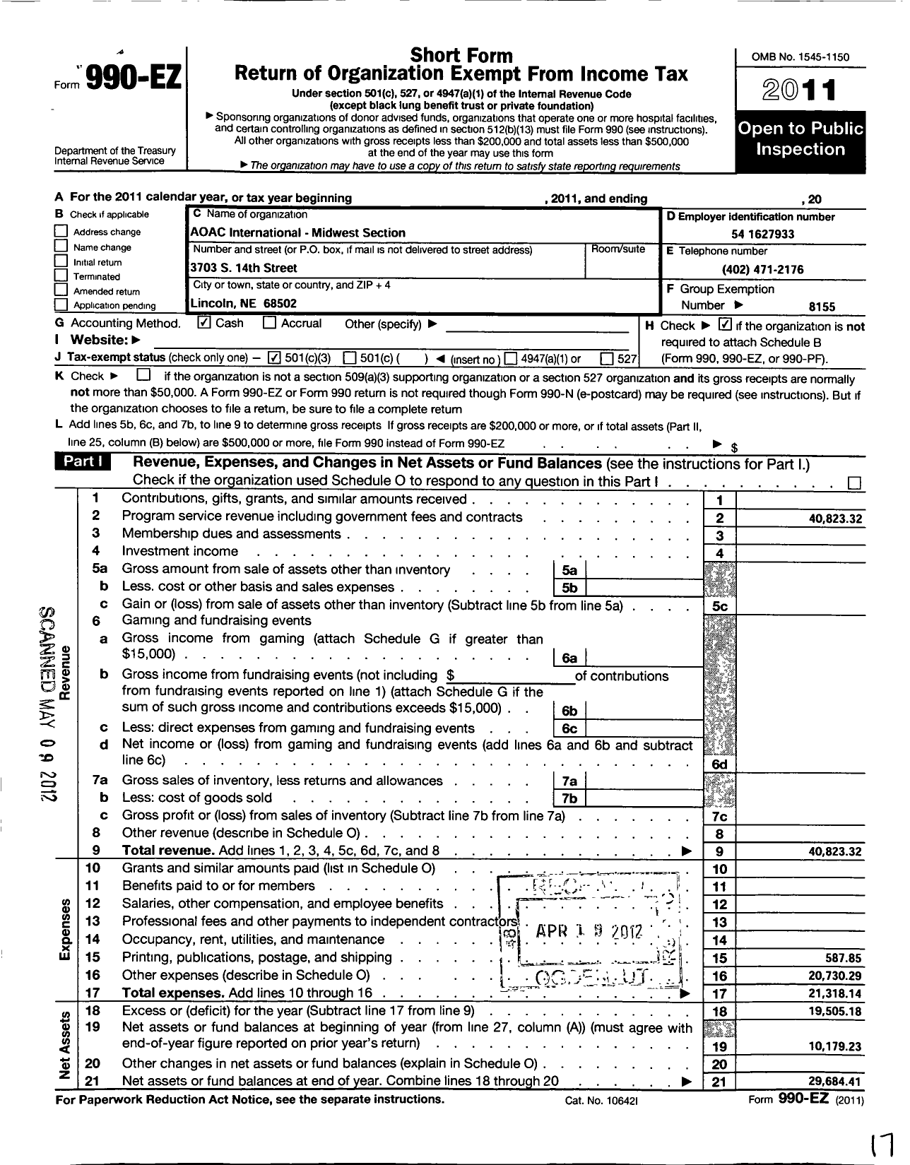 Image of first page of 2011 Form 990EZ for Aoac International / Midwest Regional Section