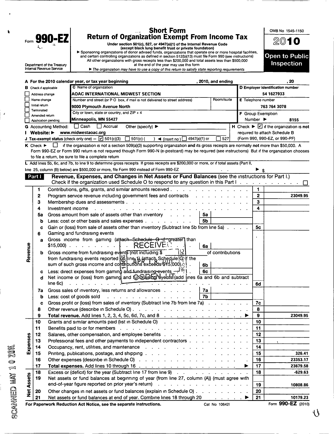 Image of first page of 2010 Form 990EZ for Aoac International / Midwest Regional Section