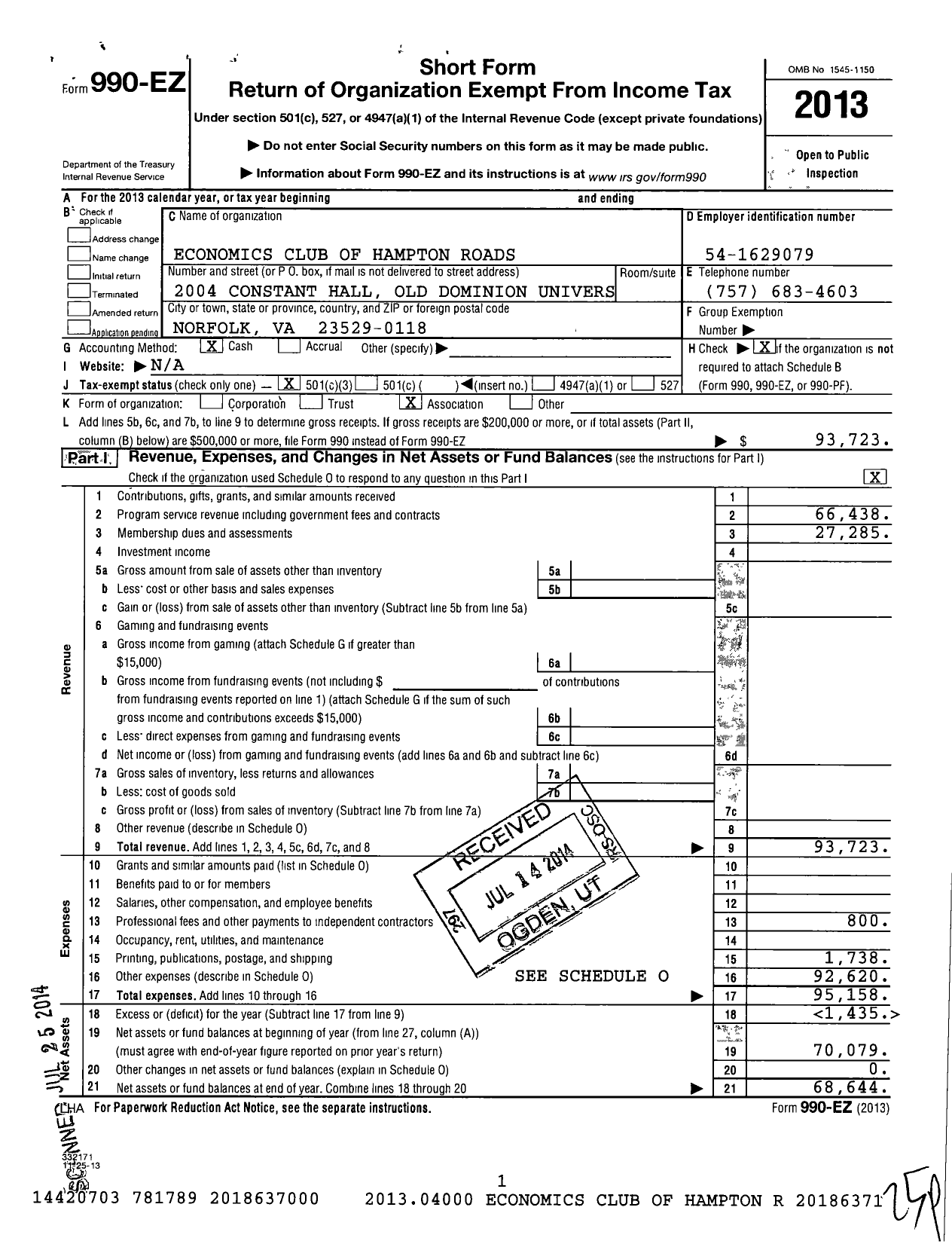 Image of first page of 2013 Form 990EZ for Economics Club of Hampton Roads