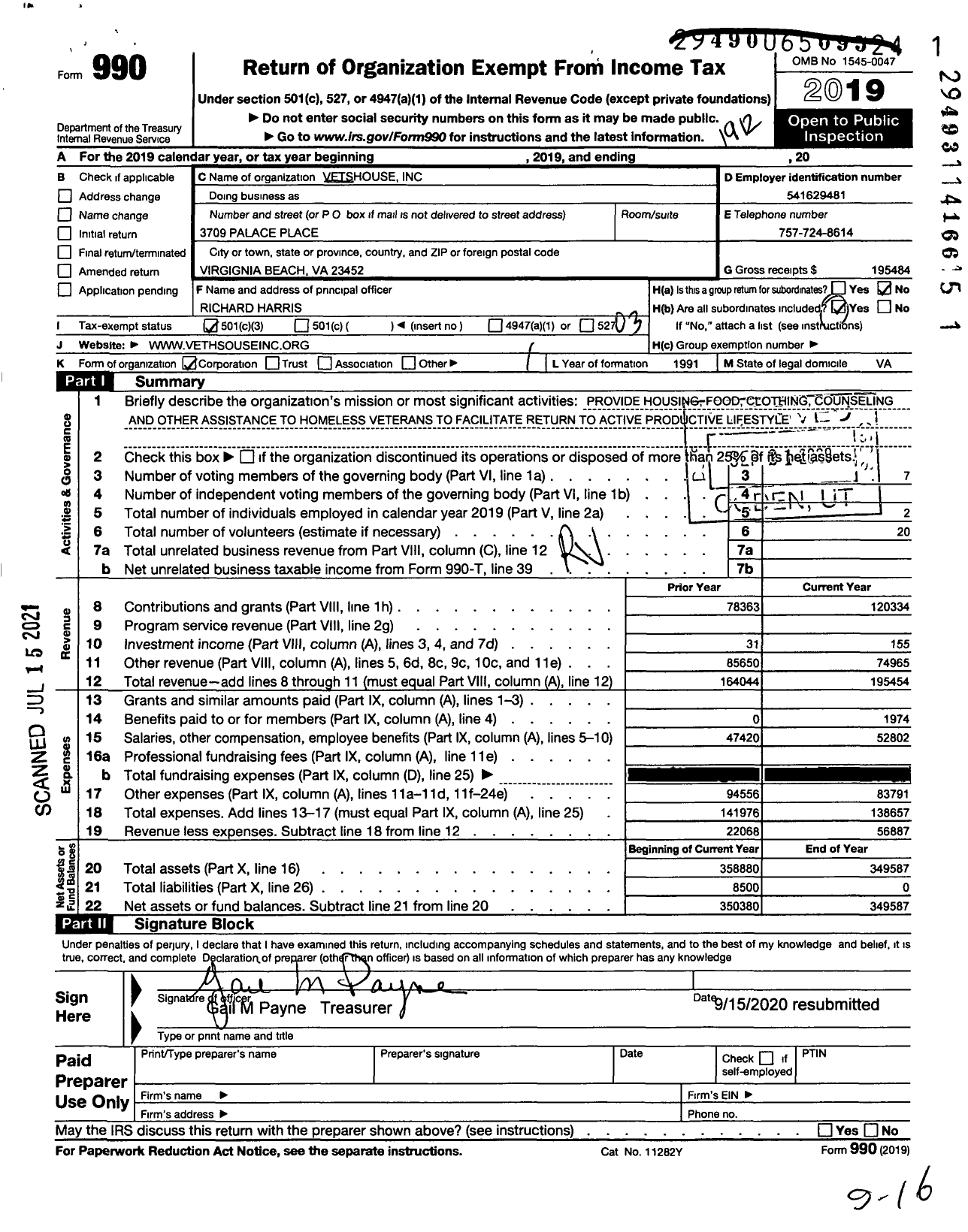 Image of first page of 2019 Form 990 for Vetshouse