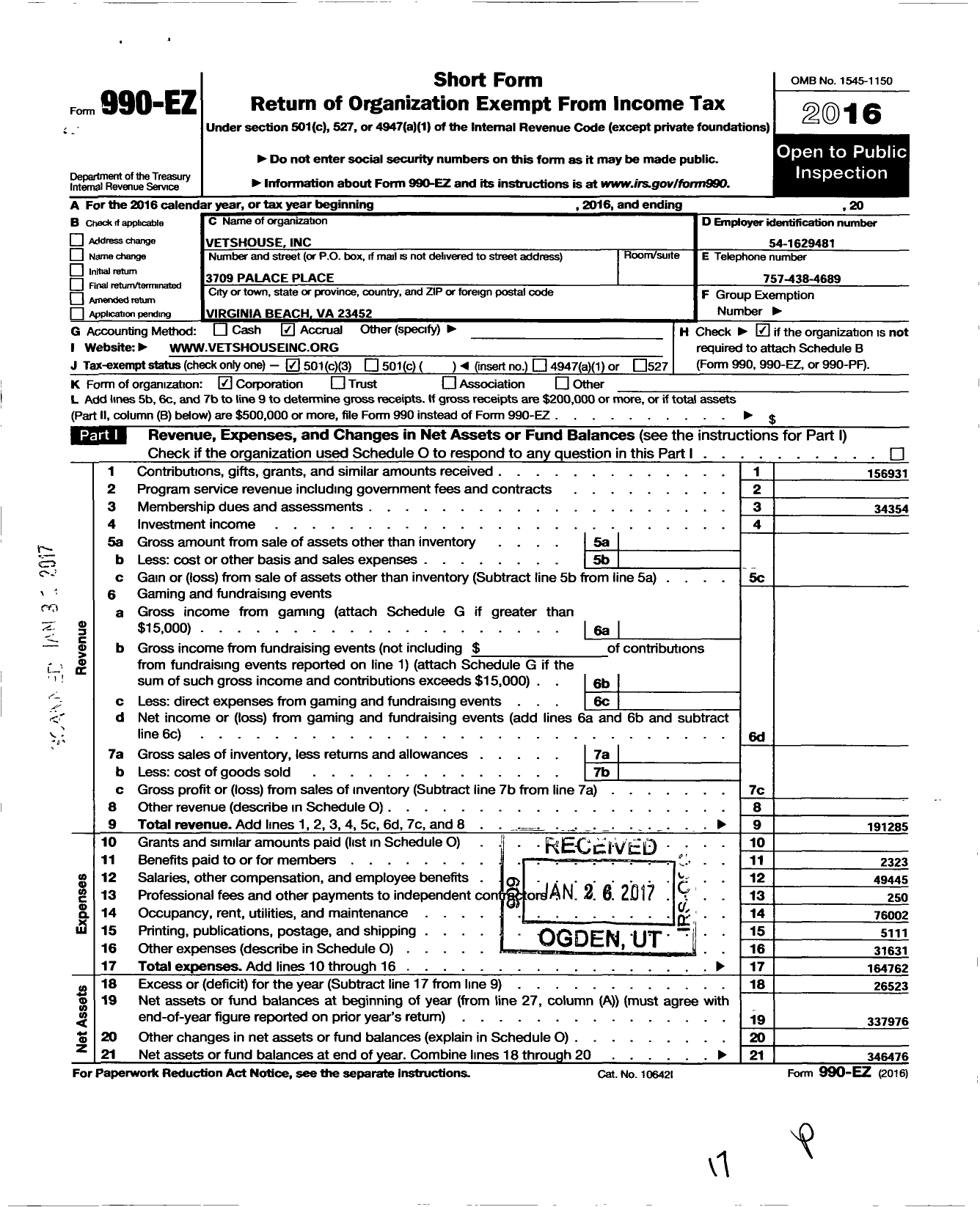 Image of first page of 2016 Form 990EZ for Vetshouse