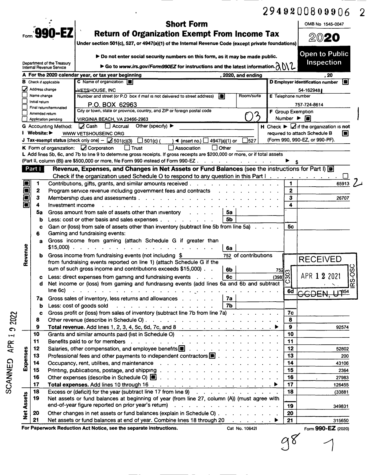 Image of first page of 2020 Form 990EZ for Vetshouse