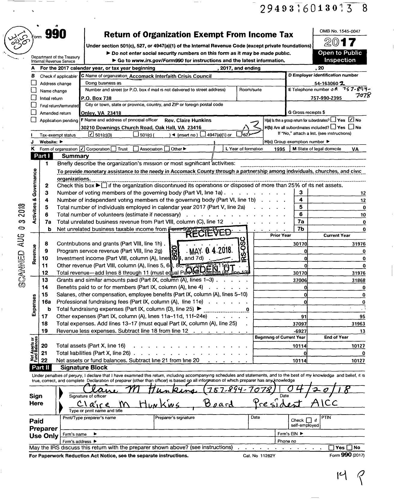 Image of first page of 2017 Form 990 for Accomack Interfaith Crisis Council (AICC)