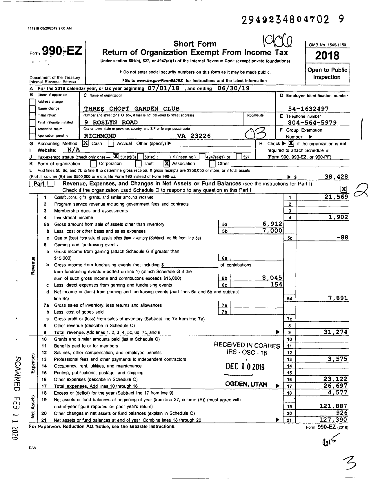 Image of first page of 2018 Form 990EZ for Three Chopt Garden Club