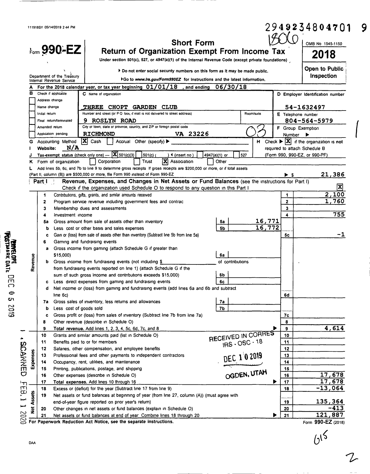 Image of first page of 2017 Form 990EZ for Three Chopt Garden Club