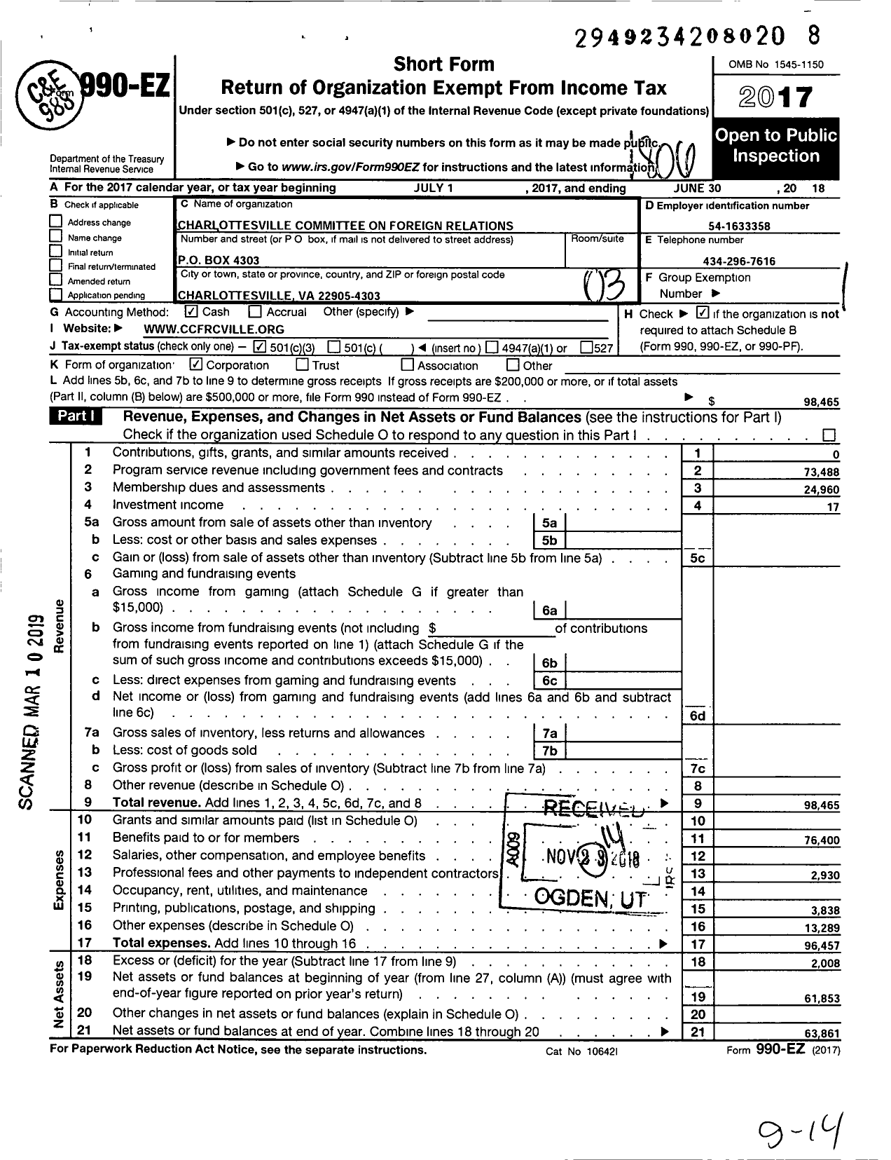 Image of first page of 2017 Form 990EZ for Charlottesville Committee on Foreign Relations