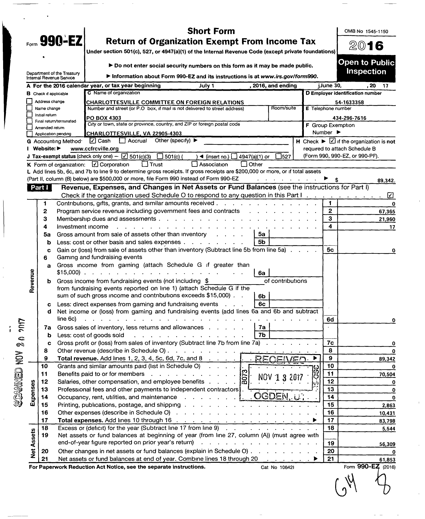 Image of first page of 2016 Form 990EZ for Charlottesville Committee on Foreign Relations