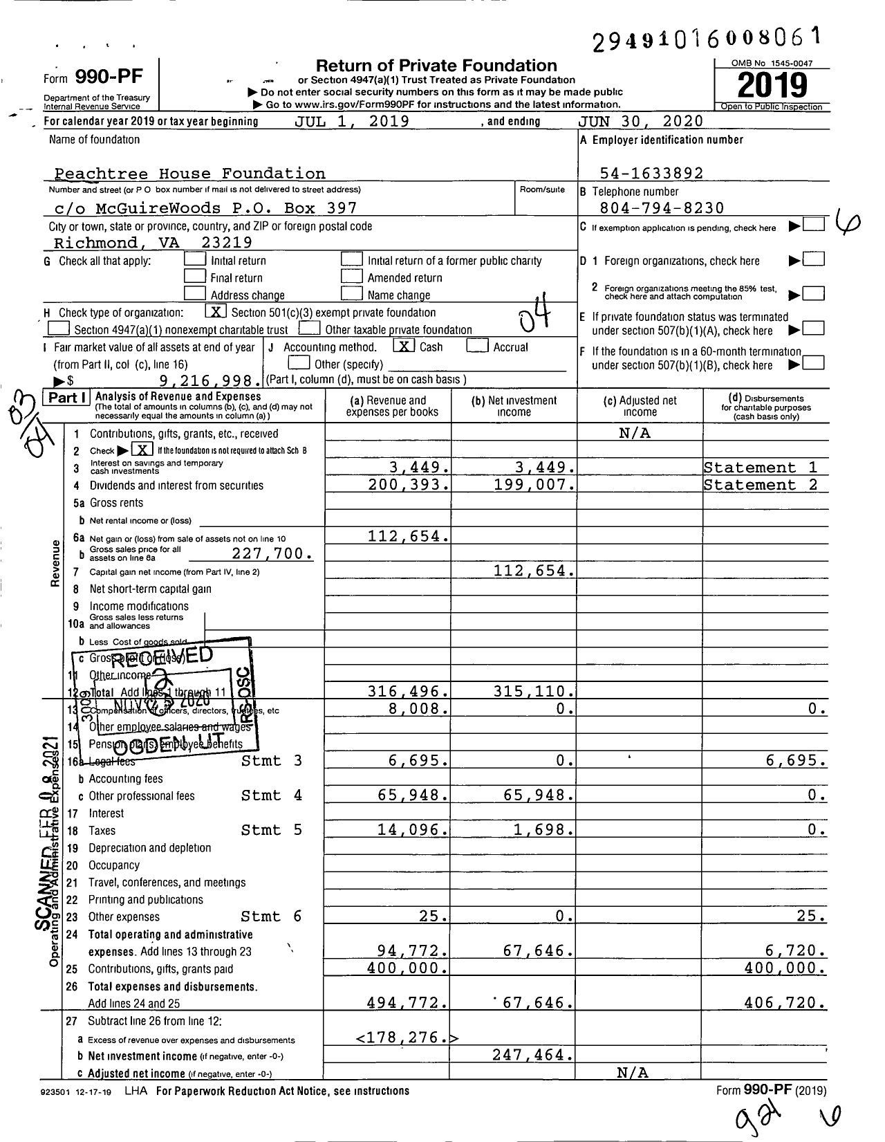 Image of first page of 2019 Form 990PF for Peachtree House Foundation