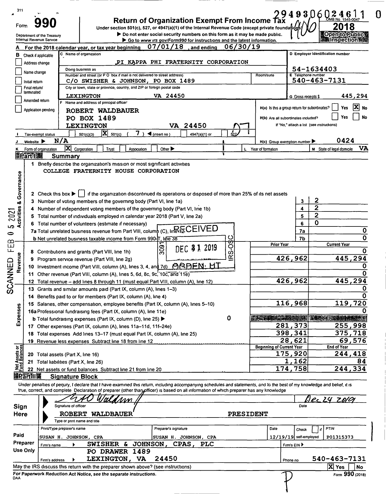 Image of first page of 2018 Form 990O for Pi Kappa Phi Fraternity Corporation