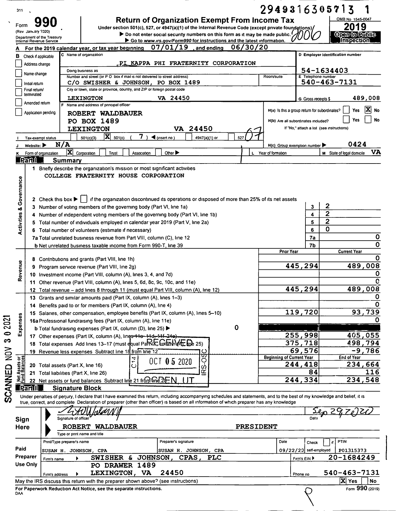 Image of first page of 2019 Form 990O for Pi Kappa Phi Fraternity Corporation