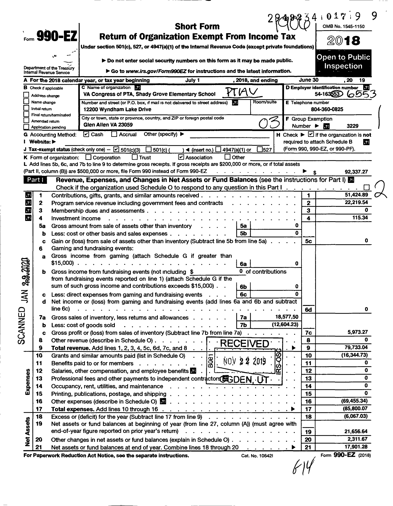 Image of first page of 2018 Form 990EZ for Virginia PTA - Shady Grove Elementary PTA