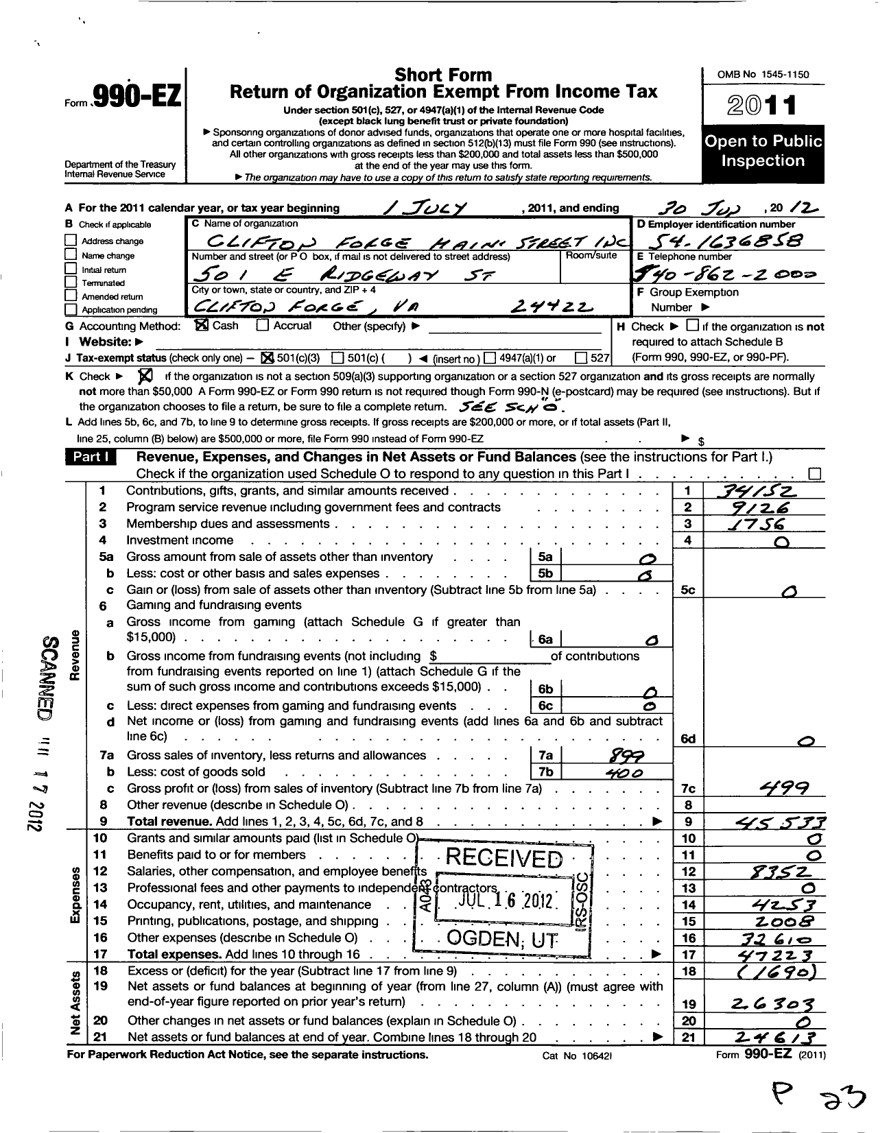 Image of first page of 2011 Form 990EZ for Clifton Forge Main Street