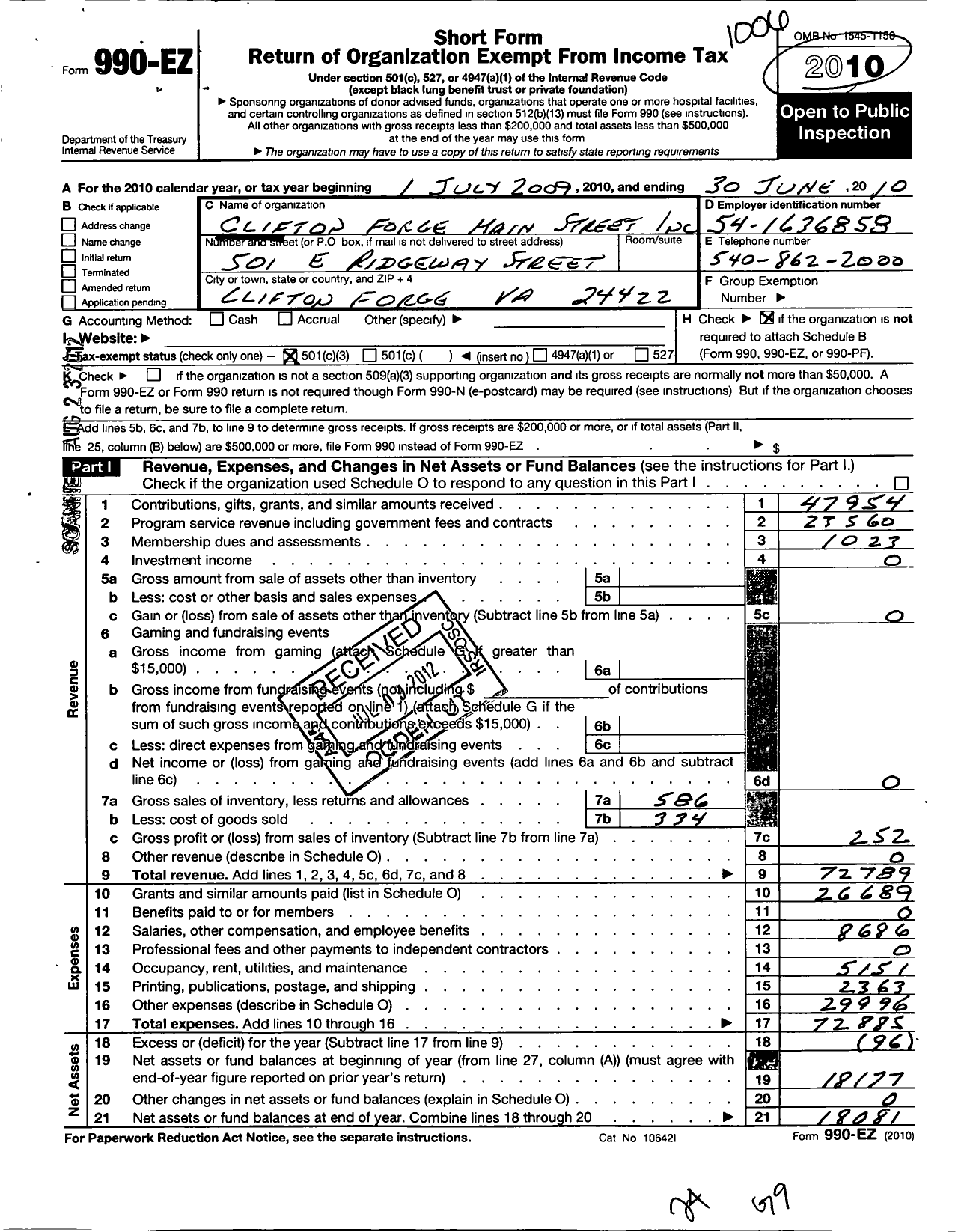 Image of first page of 2009 Form 990EZ for Clifton Forge Main Street