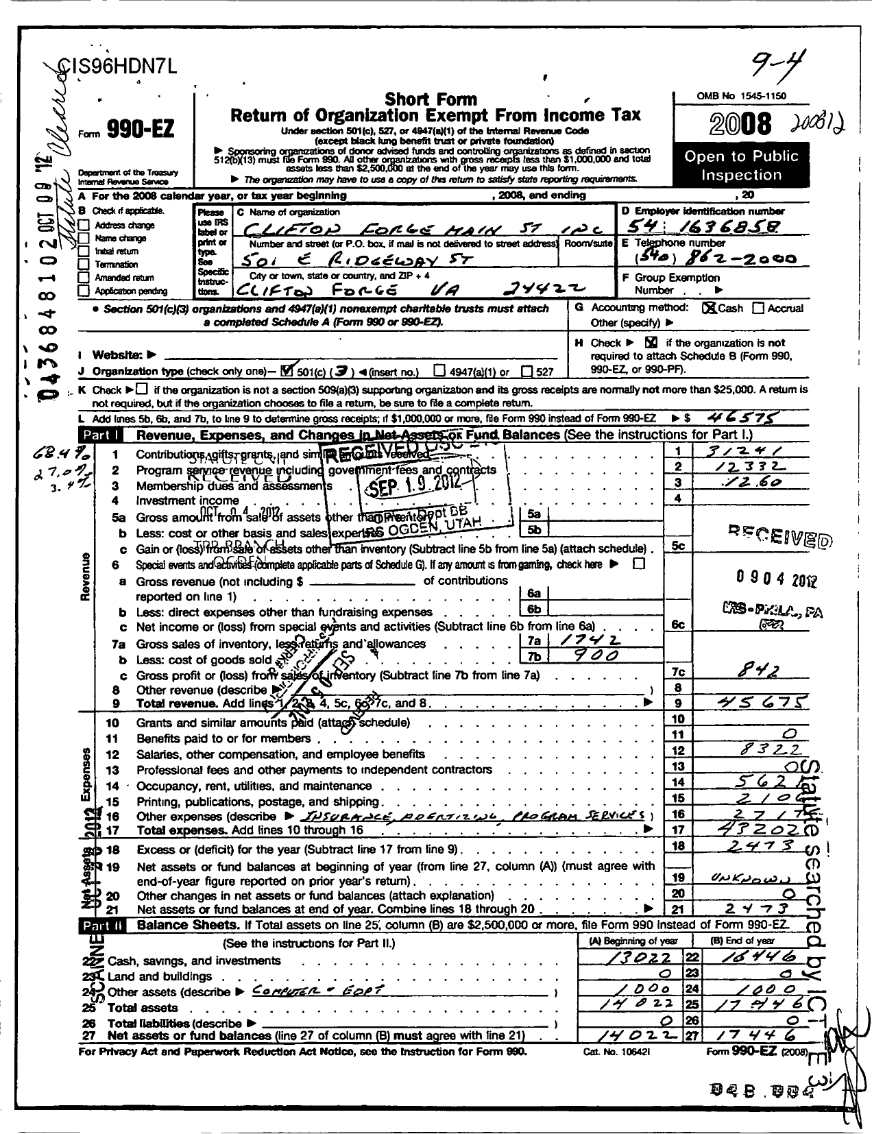 Image of first page of 2008 Form 990EZ for Clifton Forge Main Street