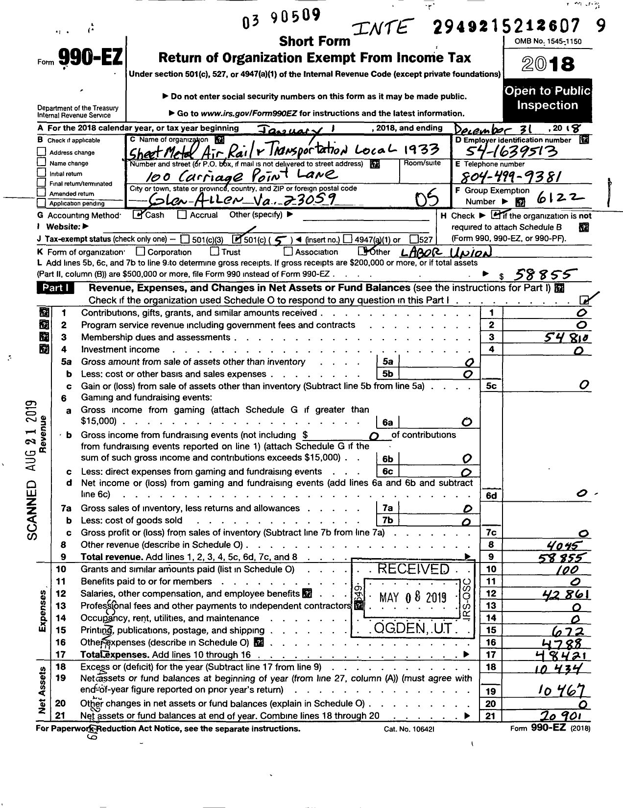 Image of first page of 2018 Form 990EO for Smart Union - Bartolomeo Augugliaro