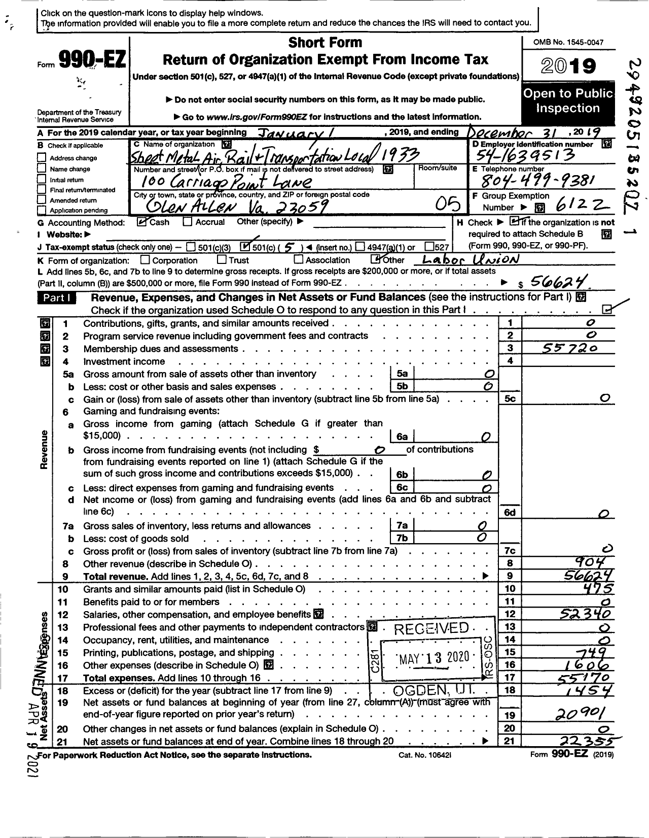 Image of first page of 2019 Form 990EO for Smart Union - Bartolomeo Augugliaro