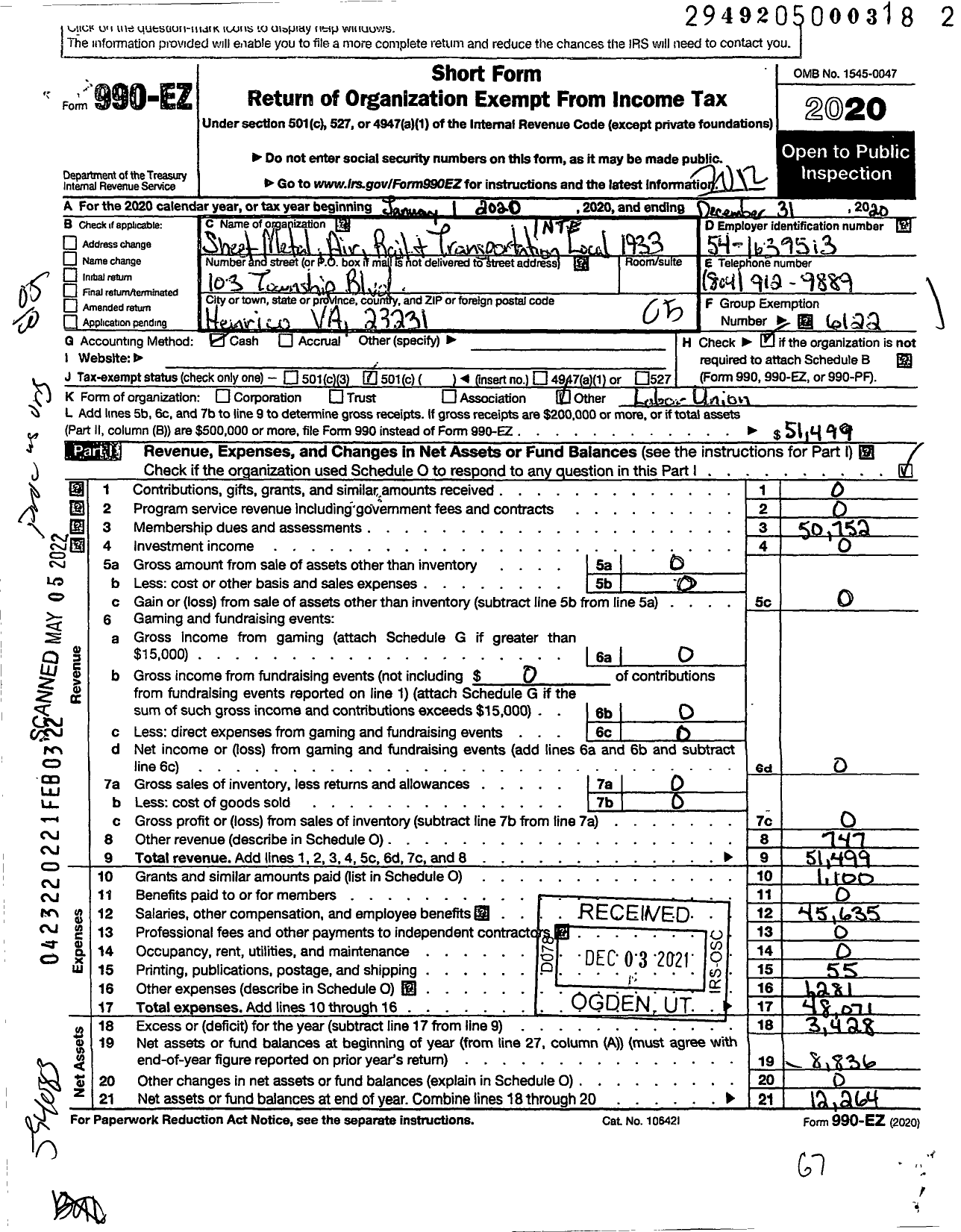 Image of first page of 2020 Form 990EO for Smart Union - Bartolomeo Augugliaro