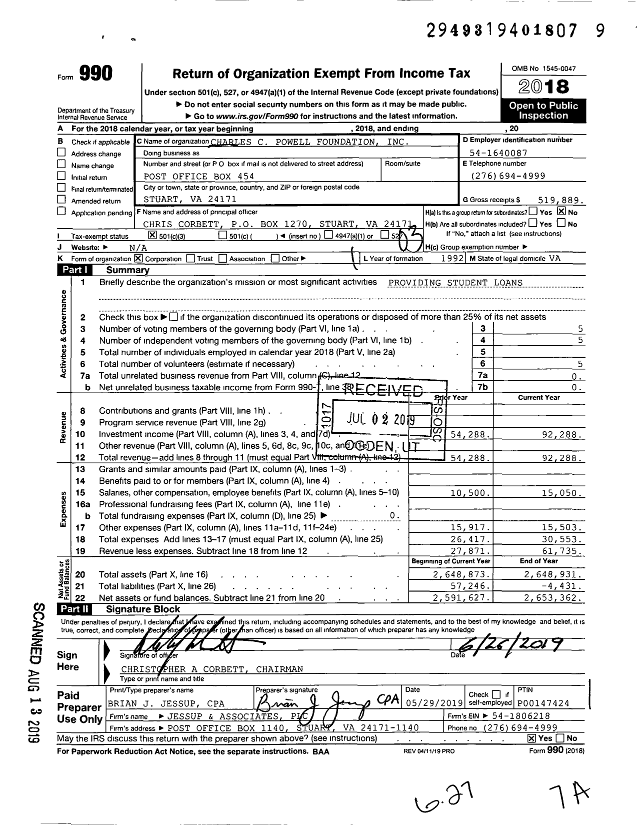 Image of first page of 2018 Form 990 for Charles C Powell Foundation