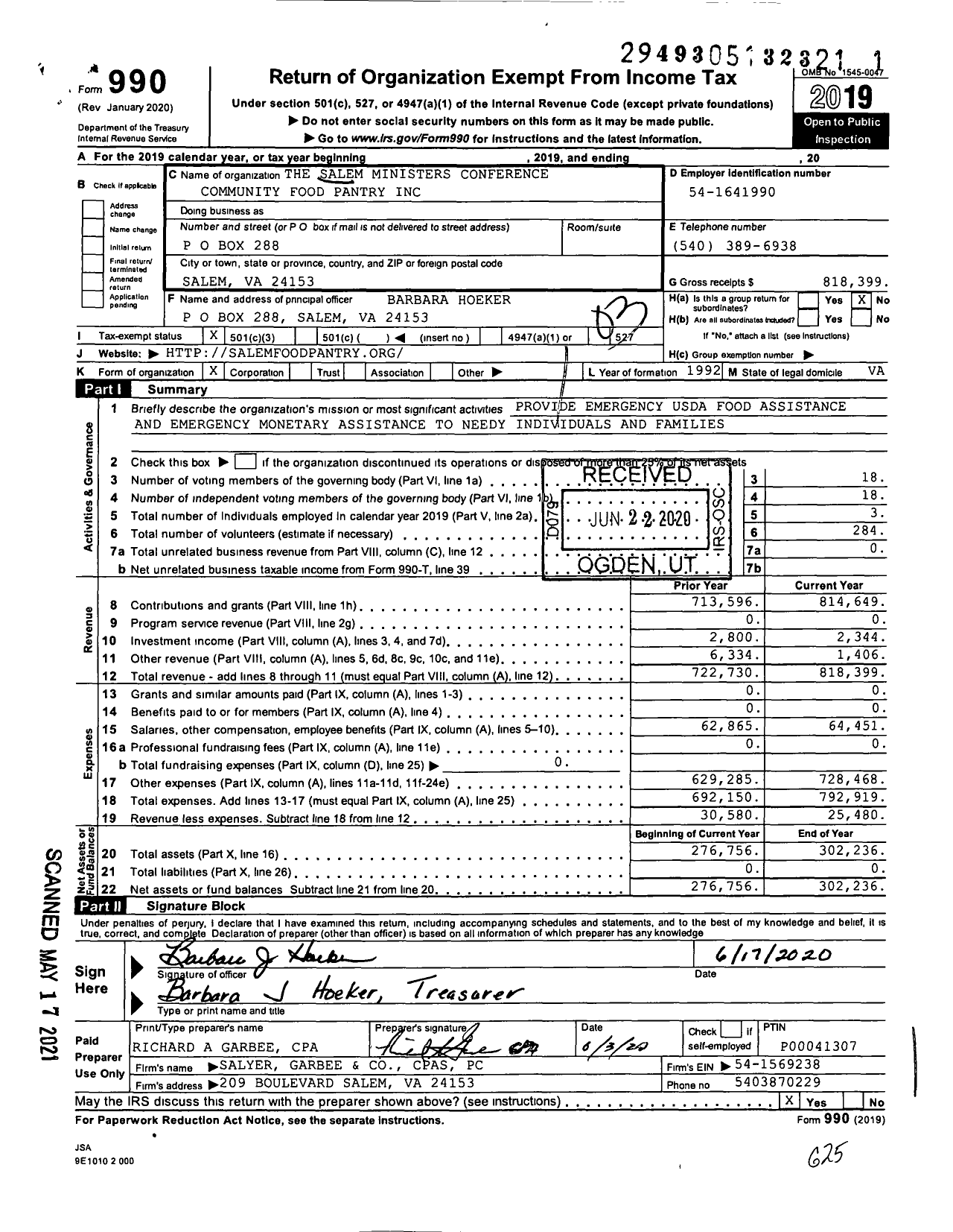 Image of first page of 2019 Form 990 for Salem Ministers Conference Community Food Pantry