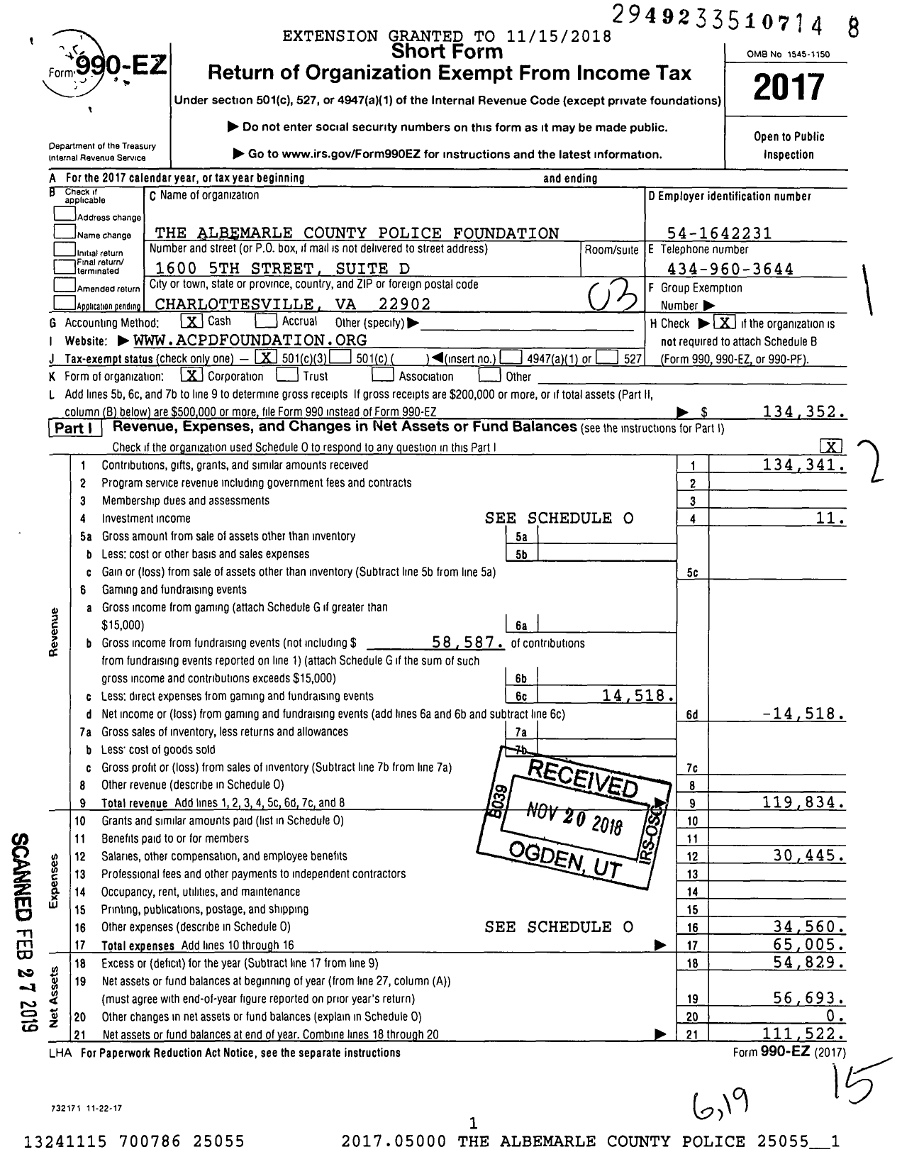Image of first page of 2017 Form 990EZ for The Albemarle County Police Foundation