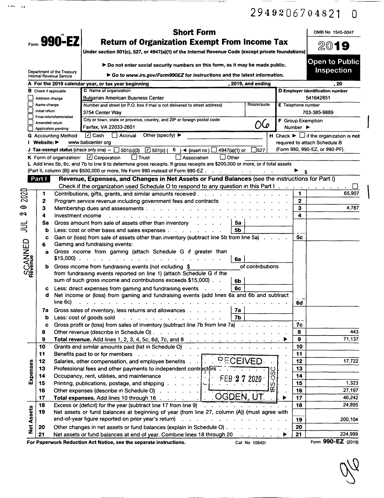 Image of first page of 2019 Form 990EO for Bulgarian-American Business Center