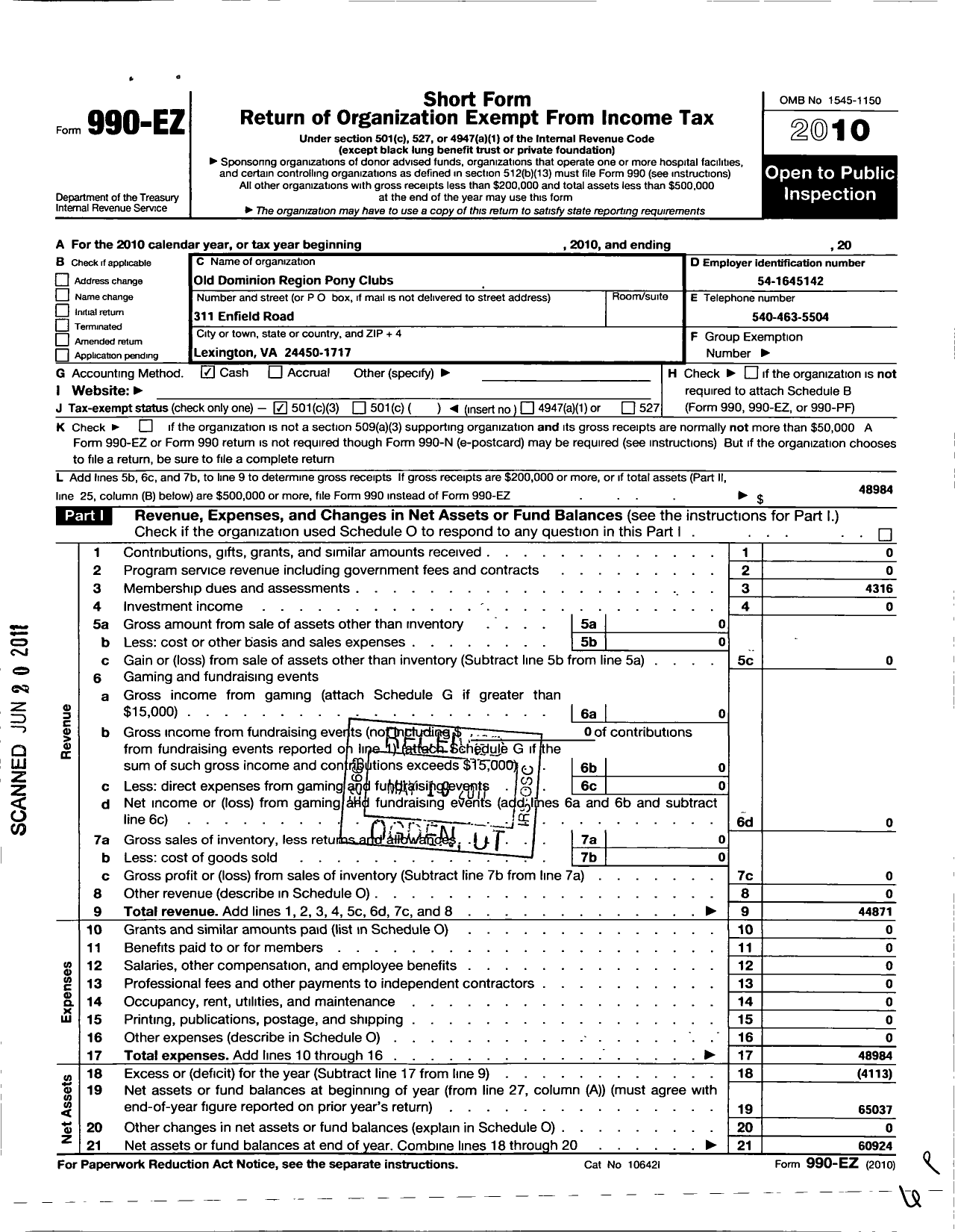 Image of first page of 2010 Form 990EZ for The United State Pony Clubs / Old Dominion Region