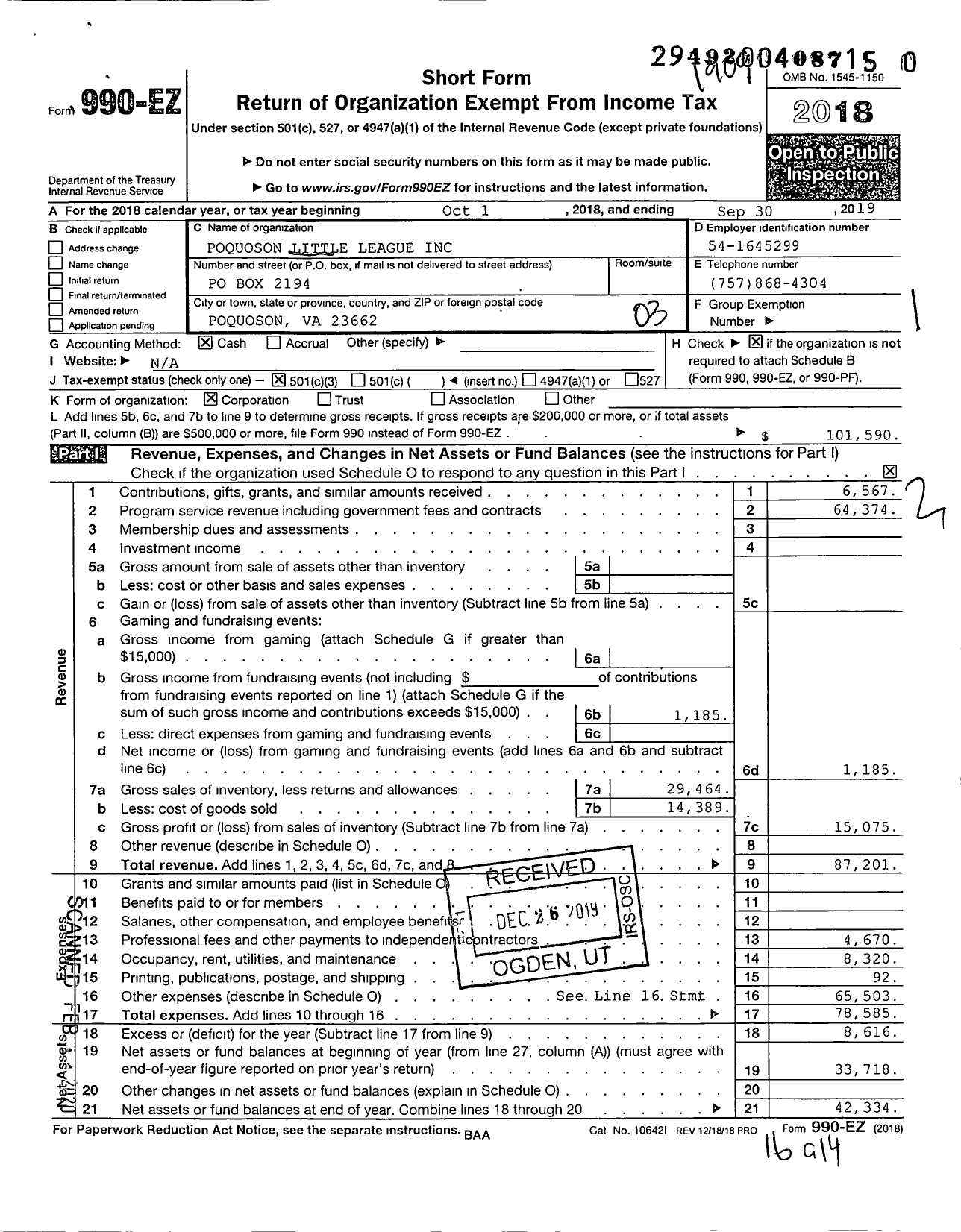 Image of first page of 2018 Form 990EZ for Little League Baseball - 3460713 Poquoson LL