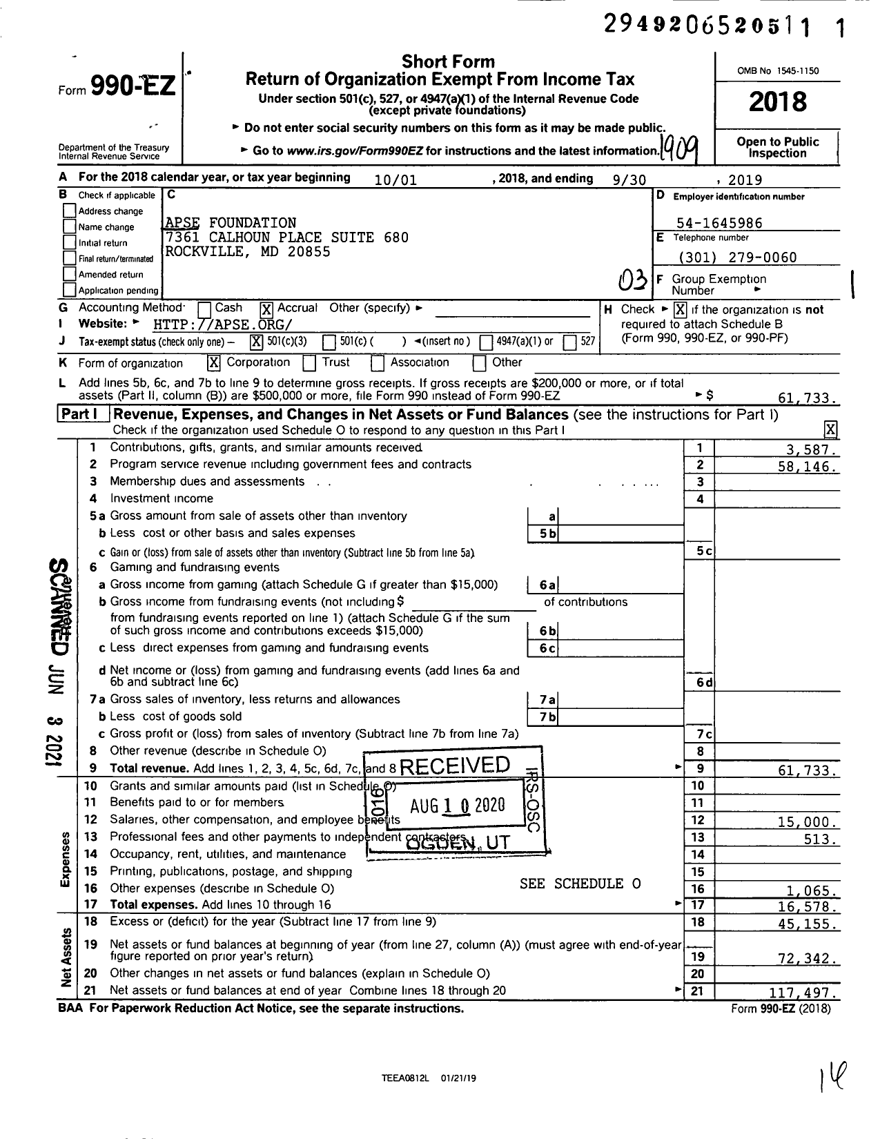 Image of first page of 2018 Form 990EZ for Apse Foundation / Jennifer Stonemeier