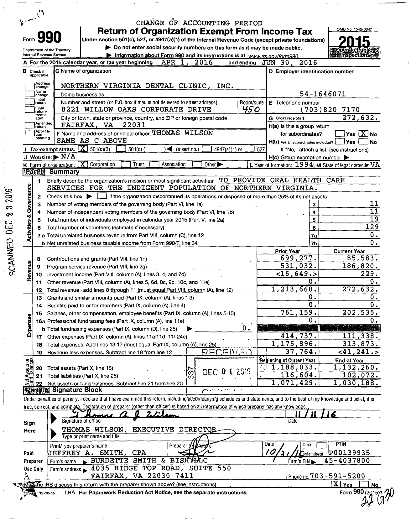 Image of first page of 2015 Form 990 for Northern Virginia Dental Clinic