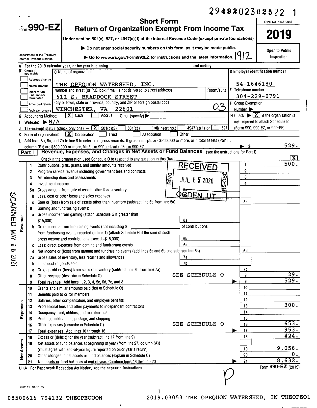 Image of first page of 2019 Form 990EZ for The Opequon Watershed