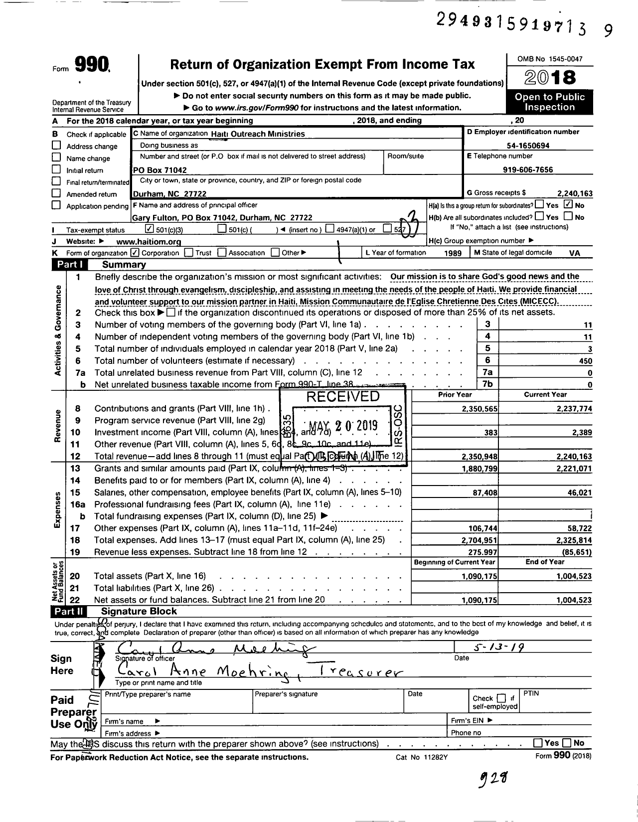 Image of first page of 2018 Form 990 for Haiti Outreach Ministries