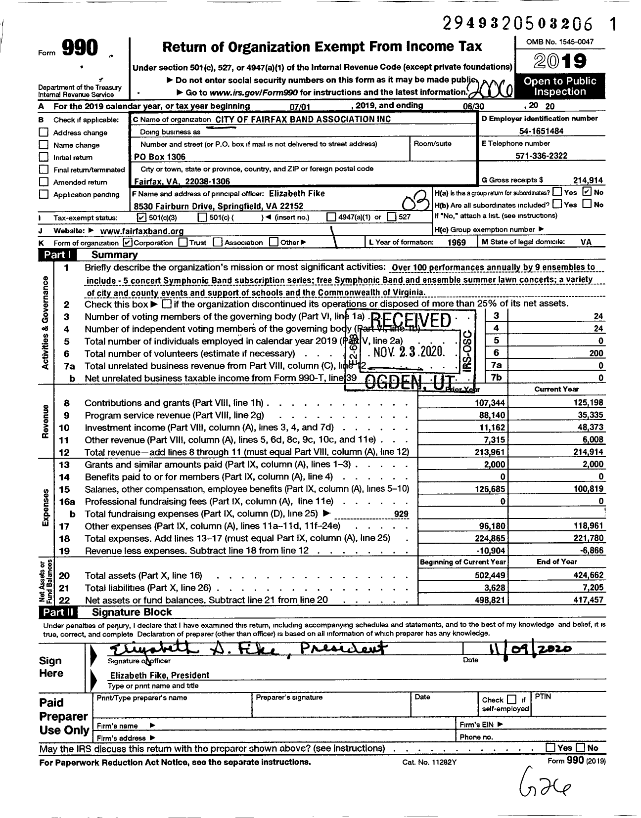 Image of first page of 2019 Form 990 for City of Fairfax Band Association