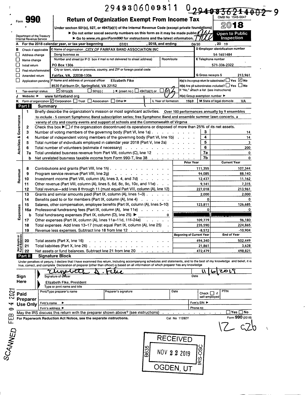 Image of first page of 2018 Form 990 for City of Fairfax Band Association