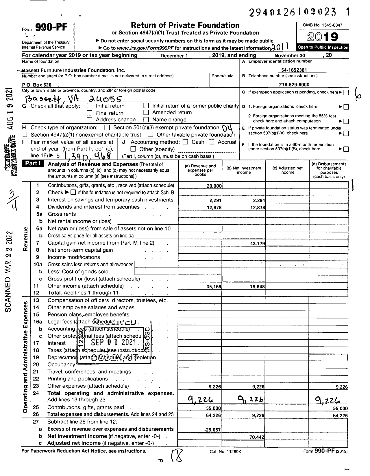 Image of first page of 2019 Form 990PF for Bassett Furniture Industries Foundation