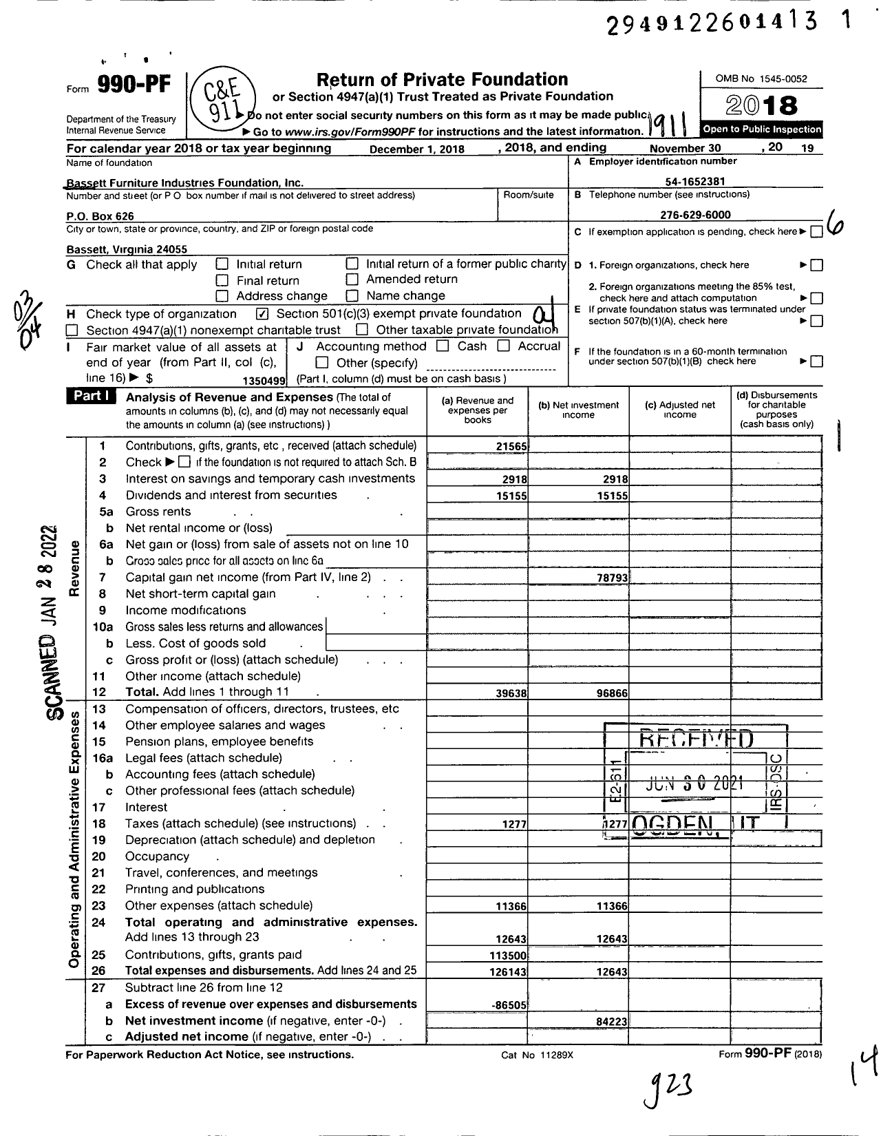 Image of first page of 2018 Form 990PF for Bassett Furniture Industries Foundation