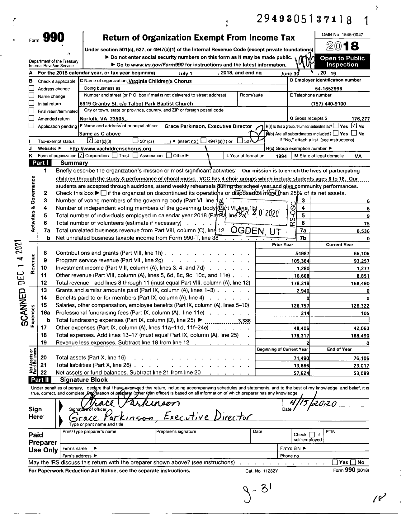 Image of first page of 2018 Form 990 for Virginia Childrens Chorus