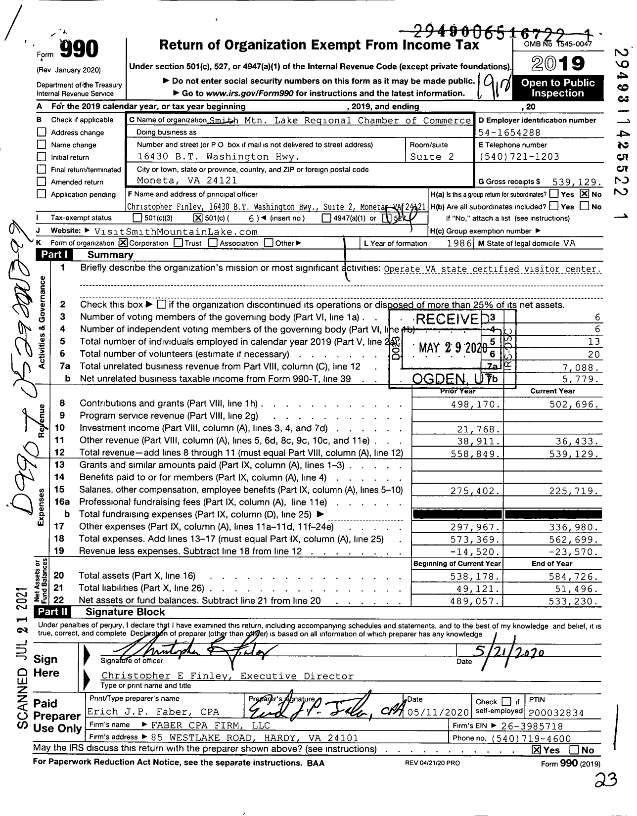 Image of first page of 2019 Form 990O for Smith Mtn Lake Regional Chamber of Commerce