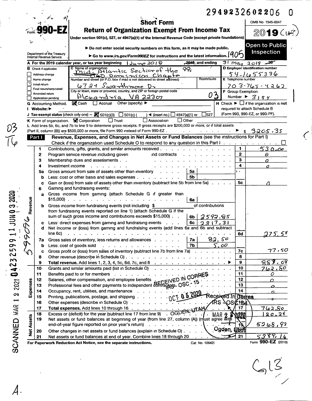 Image of first page of 2018 Form 990EZ for Mid-Atlantic Section of the Ninety- Nines / Old Dominion Chapter