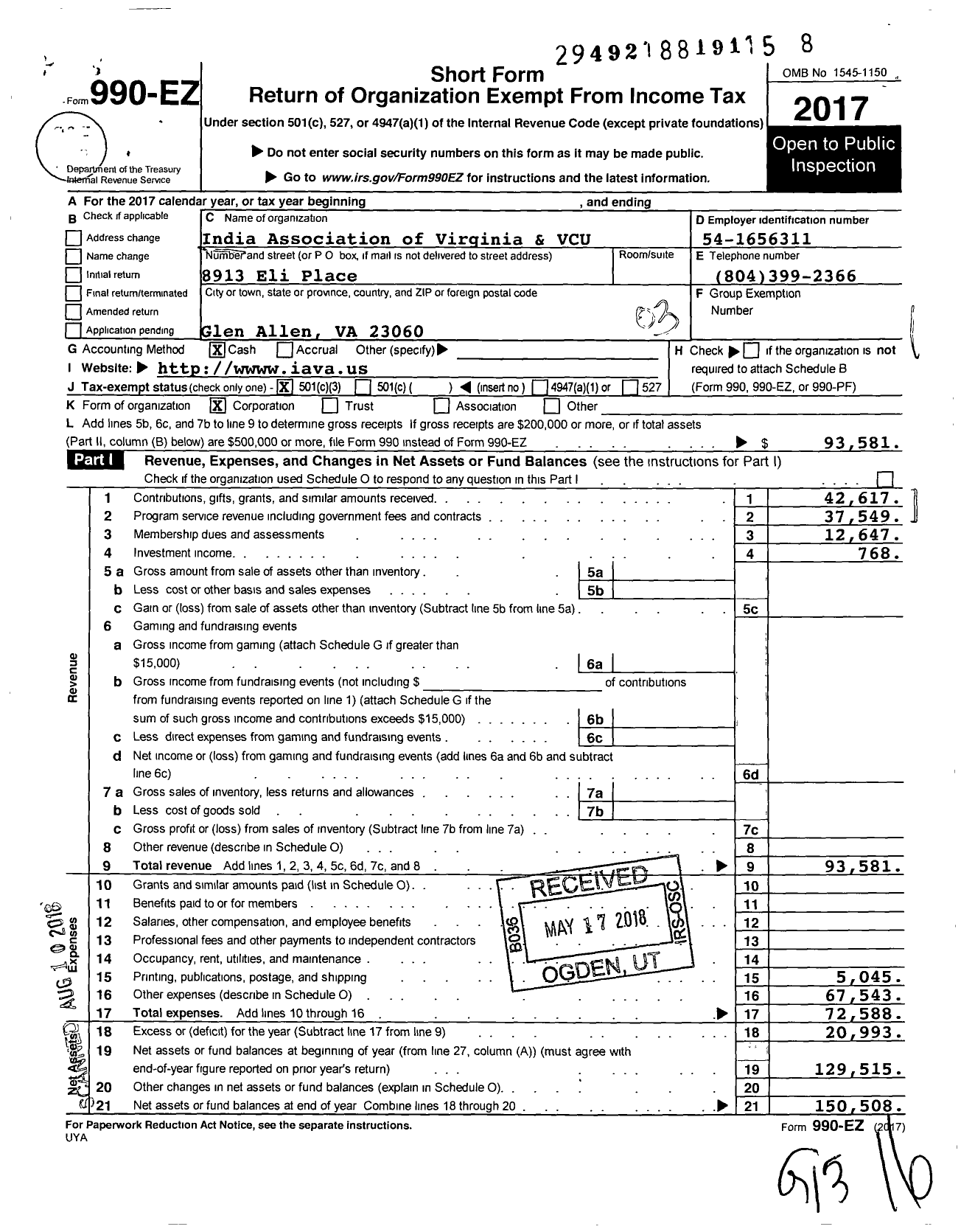 Image of first page of 2017 Form 990EZ for India Association of Virginia & VCU