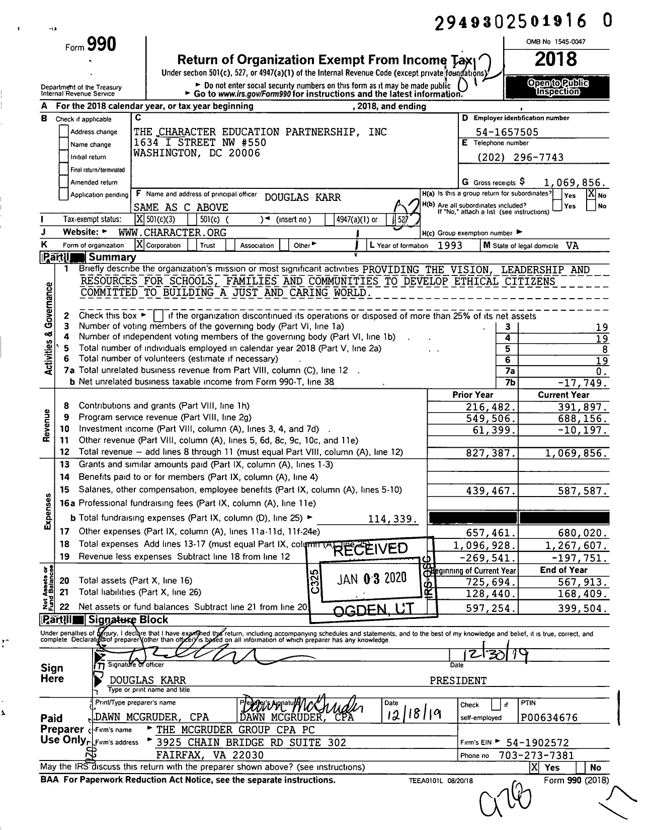 Image of first page of 2018 Form 990 for The Character Education Partnership