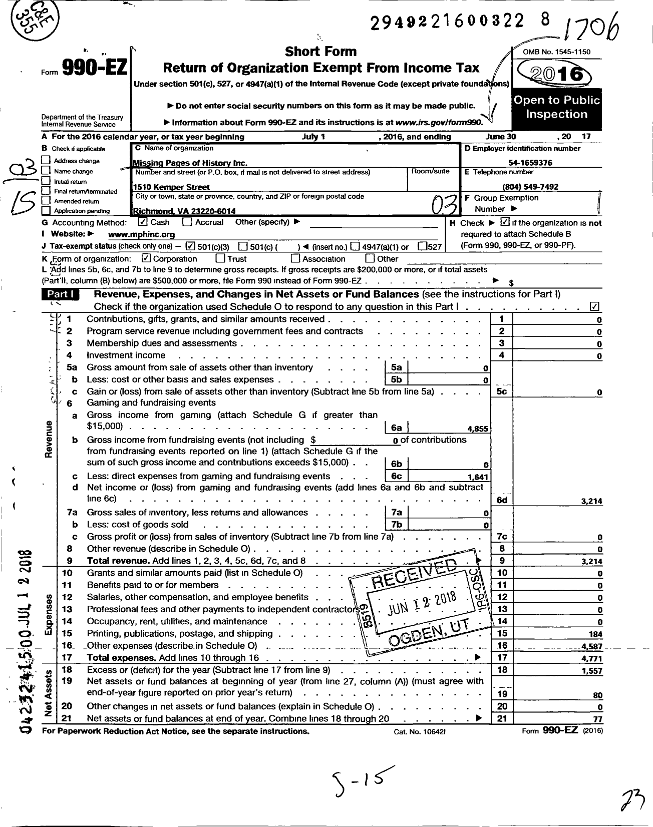 Image of first page of 2016 Form 990EZ for Missing Pages of History