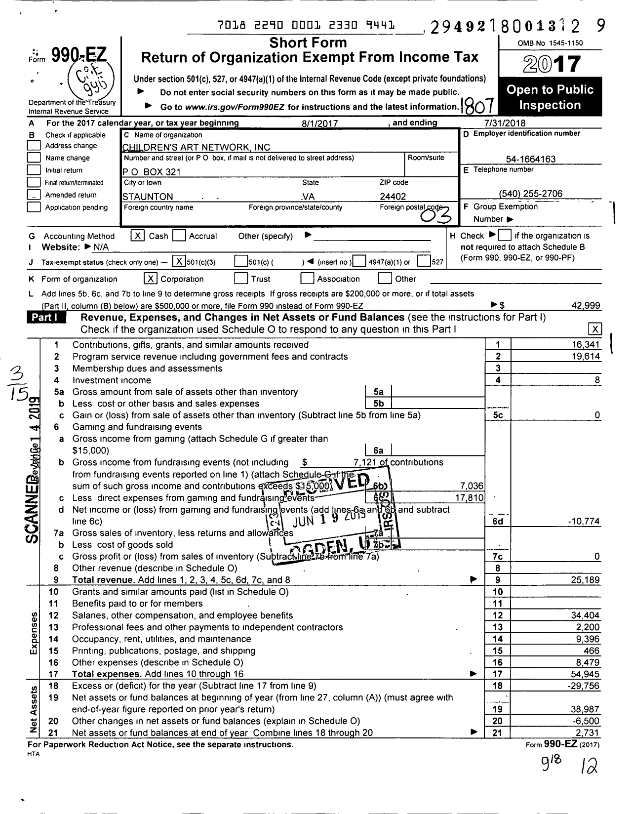 Image of first page of 2017 Form 990EZ for Childrens Art Network