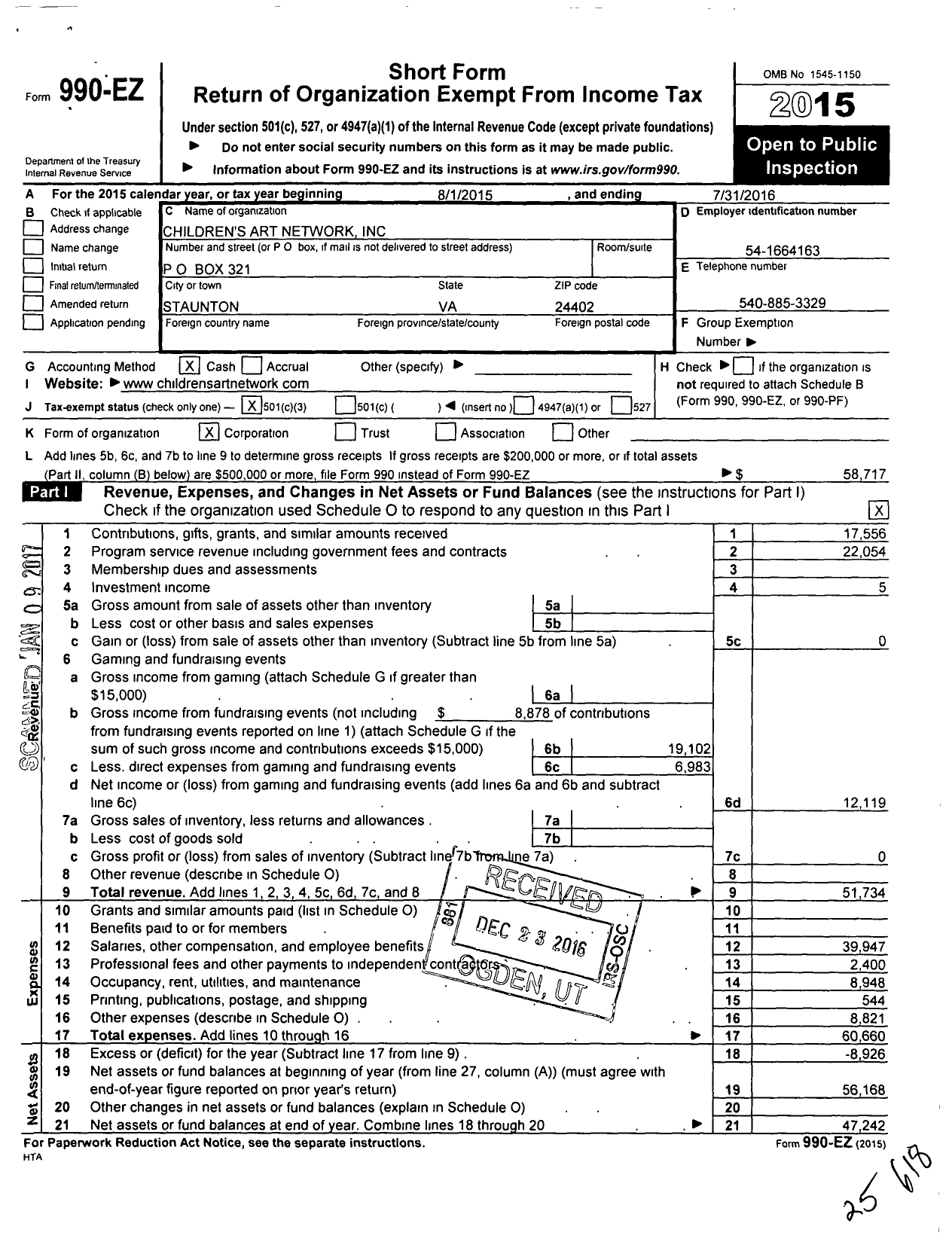 Image of first page of 2015 Form 990EZ for Childrens Art Network