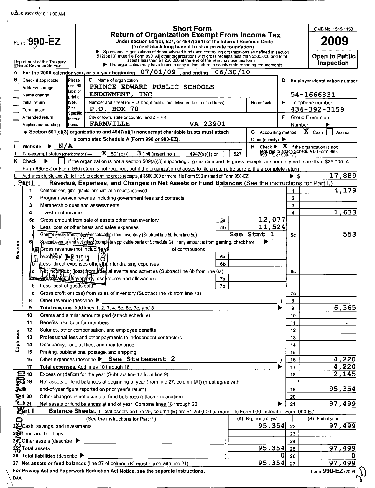 Image of first page of 2009 Form 990EZ for Prince Edward Public Schools Endowment