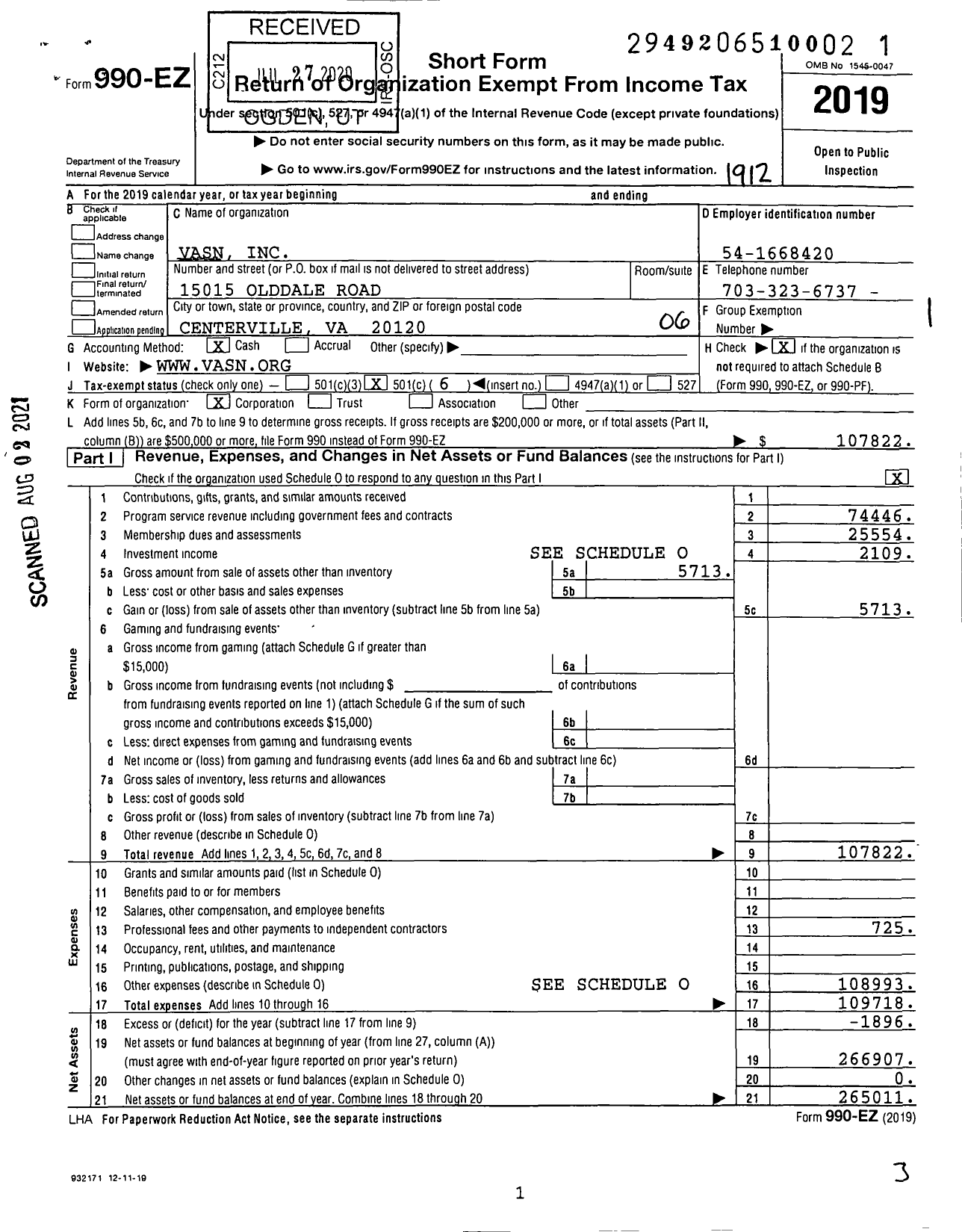 Image of first page of 2019 Form 990EO for Vasn