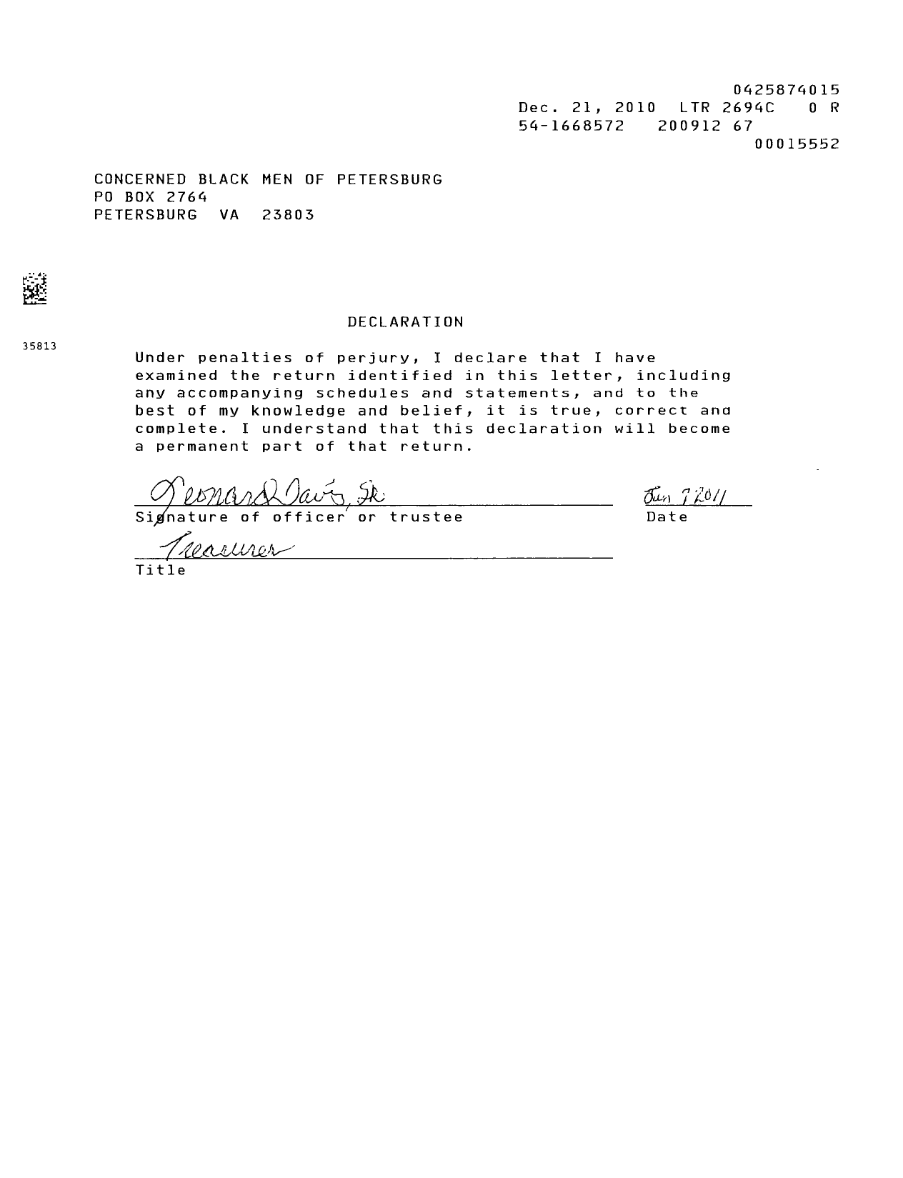 Image of first page of 2009 Form 990R for Concerned Black Men of Petersburg