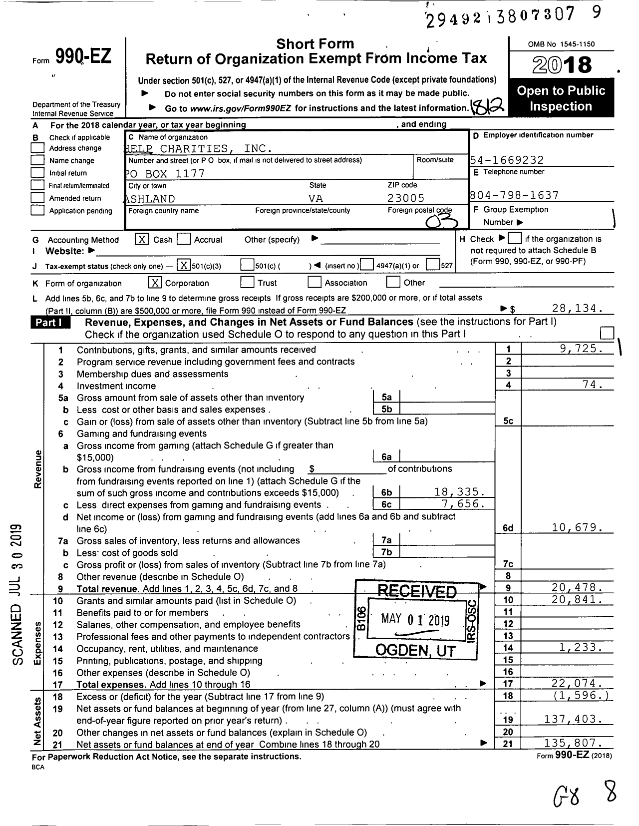 Image of first page of 2018 Form 990EZ for Help Charities