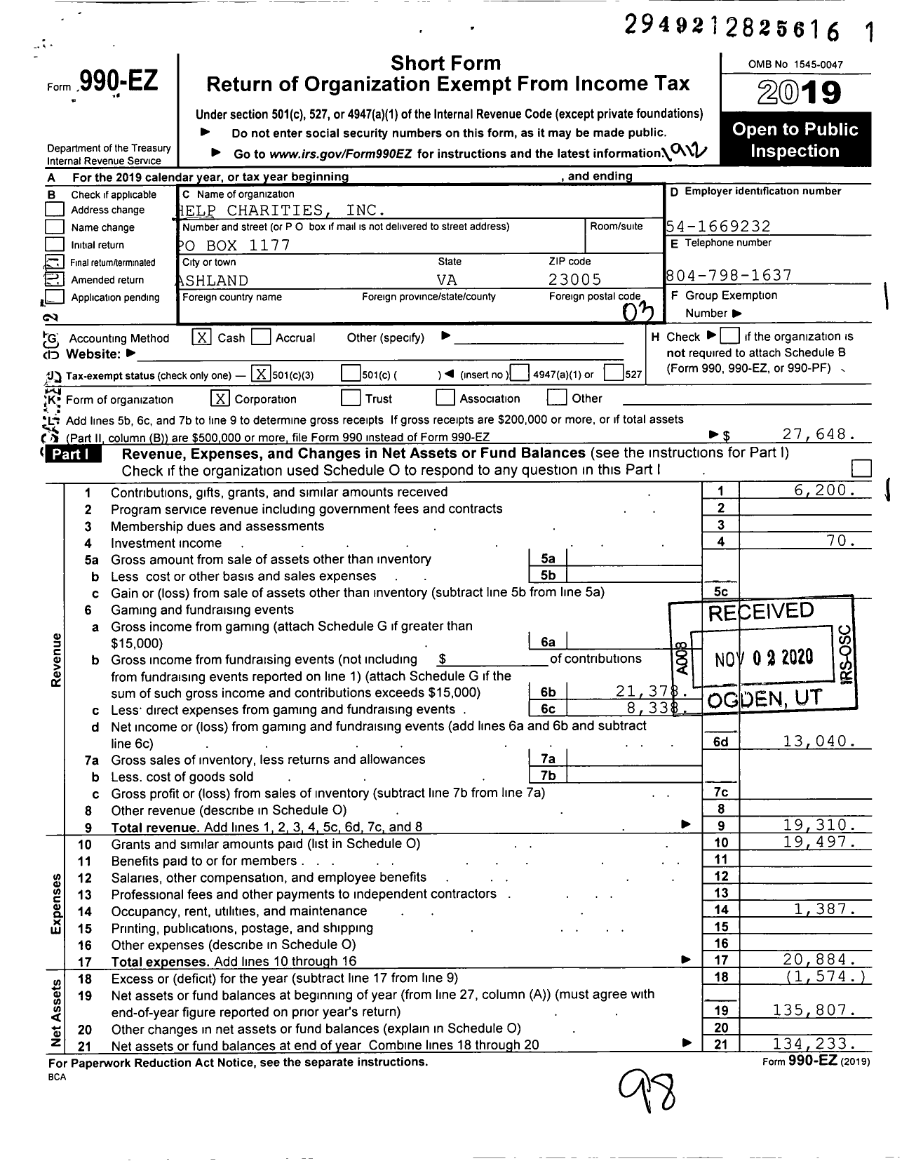 Image of first page of 2019 Form 990EZ for Help Charities